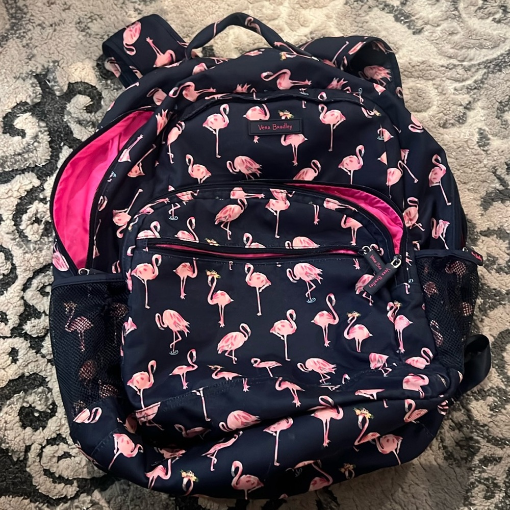 Vera Bradley flamingo backpack, 6 pockets, navy with pink flamingo details